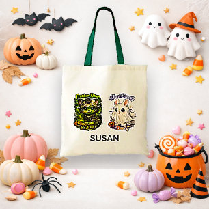 Cute Green Kawaii Franken-Kitten Trick or Treat Tote Bag