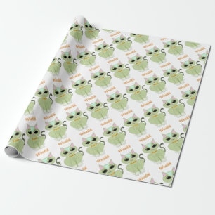 Cute green kitty cat cartoon wrapping paper