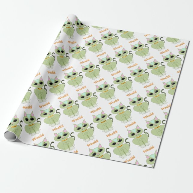 Cute green kitty cat cartoon wrapping paper (Unrolled)