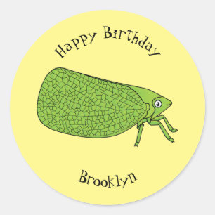 Cute green leaf hopper insect cartoon illustration classic round sticker