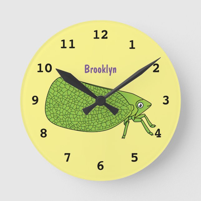 Cute green leaf hopper insect cartoon illustration round clock (Front)