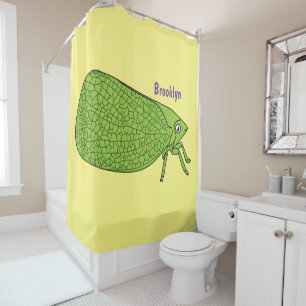 Cute green leaf hopper insect cartoon illustration shower curtain