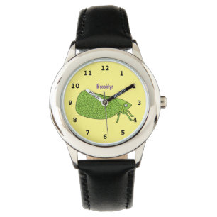 Cute green leaf hopper insect cartoon illustration watch