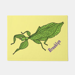 Cute green leaf insect cartoon illustration doormat
