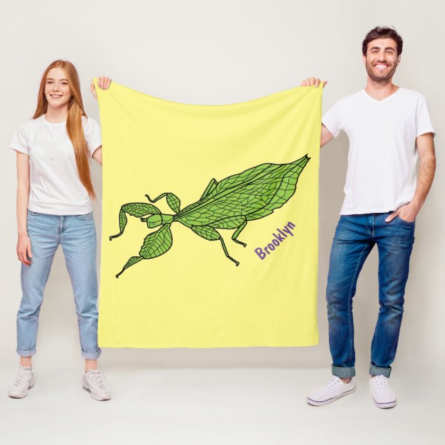 Cute green leaf insect cartoon illustration fleece blanket (In Situ)