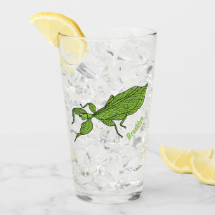 Cute green leaf insect cartoon illustration glass