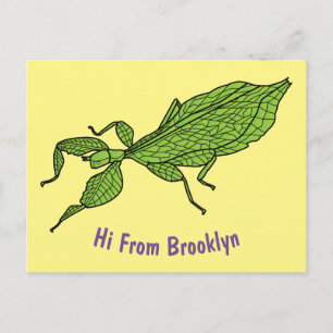 Cute green leaf insect cartoon illustration postcard
