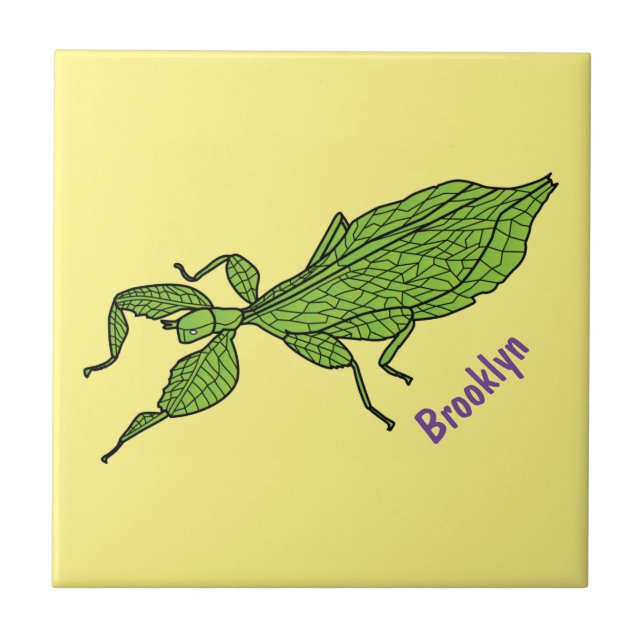 Cute green leaf insect cartoon illustration tile (Front)