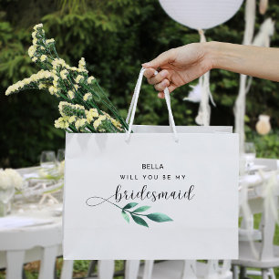 Cute Green Leaves Calligraphy Bridesmaid Large Gift Bag