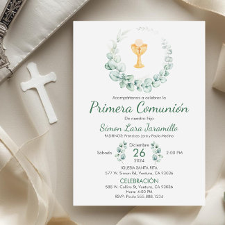 Cute Green Leaves in Spanish First Communion Invitation