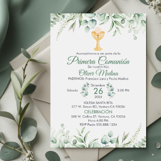 Cute Green Leaves Spanish First Communion Invitation