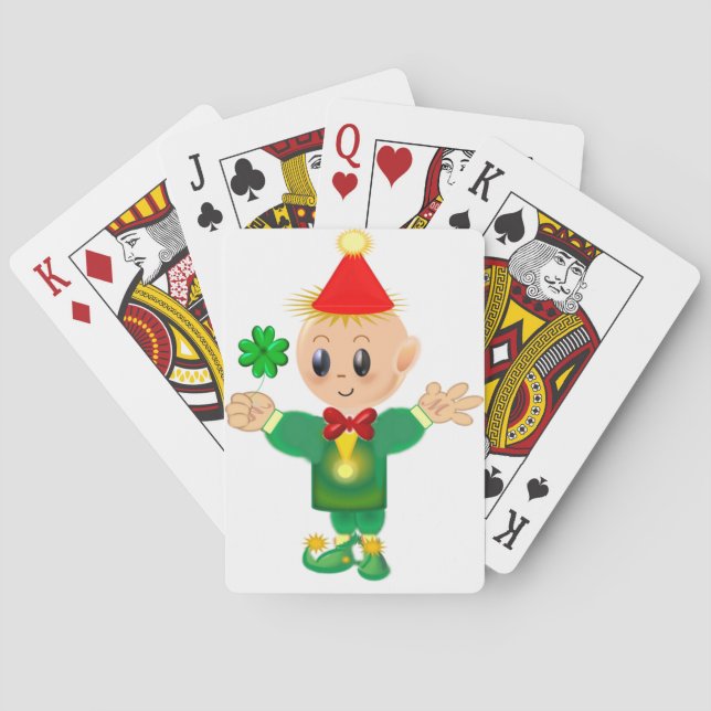 Cute green leprechaun with a lucky clover playing cards (Back)