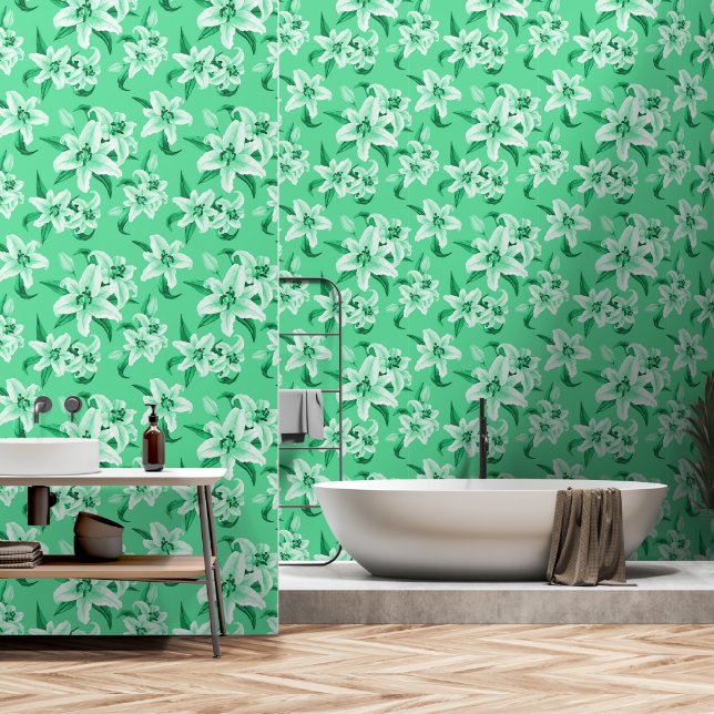Cute Green Lily Flower Pattern Wallpaper (Bathroom)