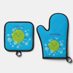 Cute green lime bubbles cartoon illustration oven mitt & pot holder set