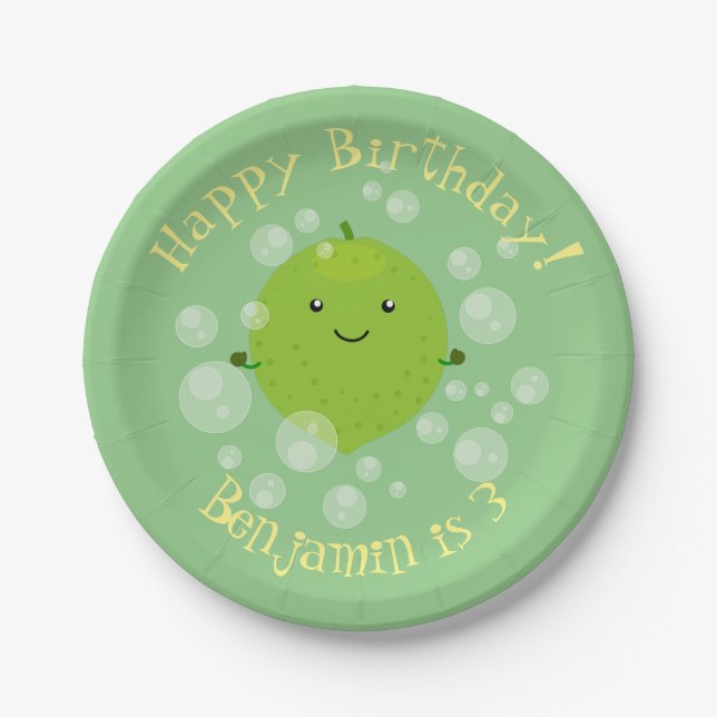 Cute green lime bubbles cartoon illustration paper plate (Front)