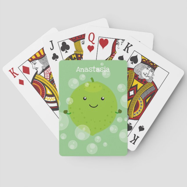 Cute green lime bubbles cartoon illustration playing cards (Back)