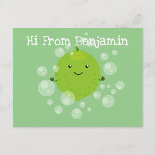 Cute green lime bubbles cartoon illustration postcard
