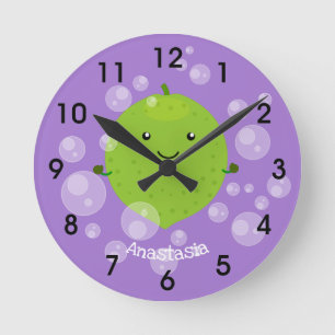 Cute green lime bubbles cartoon illustration round clock
