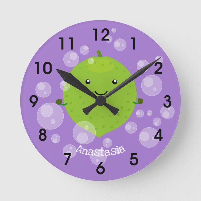 Cute green lime bubbles cartoon illustration round clock (Front)