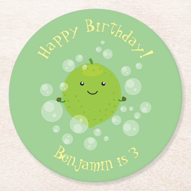 Cute green lime bubbles cartoon illustration round paper coaster (Front)