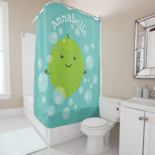 Cute green lime bubbles cartoon illustration shower curtain