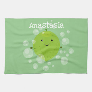 Cute green lime bubbles cartoon illustration tea towel