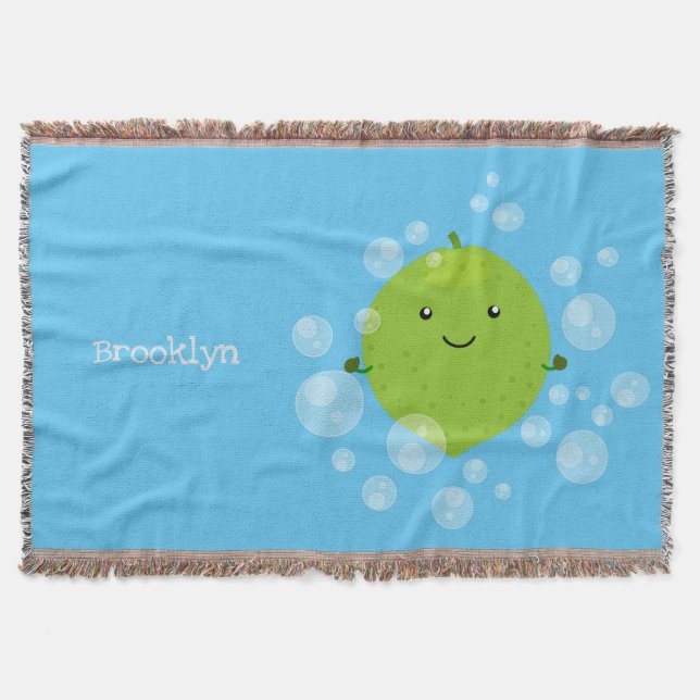 Cute green lime bubbles cartoon illustration throw blanket (Front)