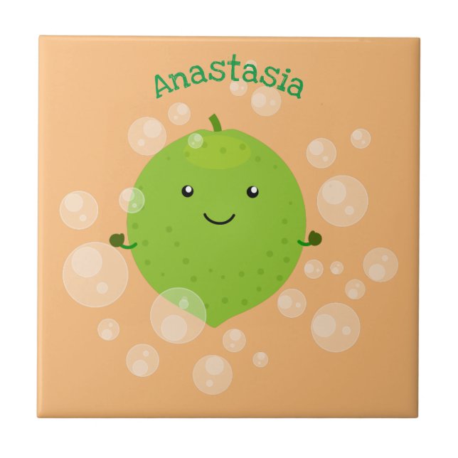 Cute green lime bubbles cartoon illustration tile (Front)