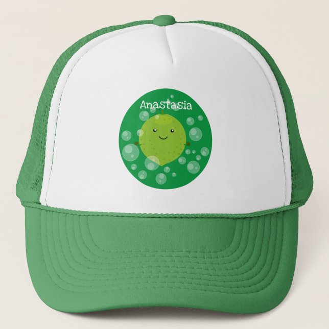 Cute green lime bubbles cartoon illustration trucker hat (Front)