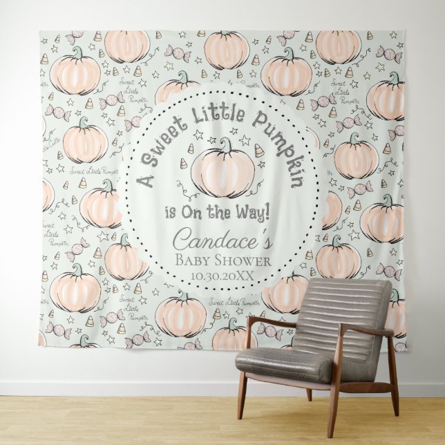 Cute Green Little Pumpkin Baby Shower Backdrop Tapestry (In Situ (Horizontal))