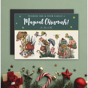 Cute Green Magic Mushroom Magnetic Christmas Card
