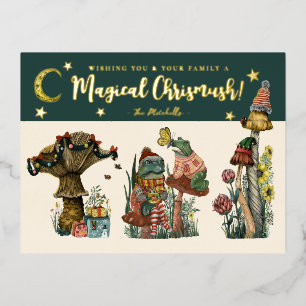 Cute Green Magical Mushroom Merry Christmas  Foil  Holiday Postcard