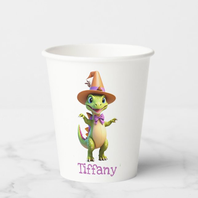 Cute green magician dinosaur paper cups (Front)