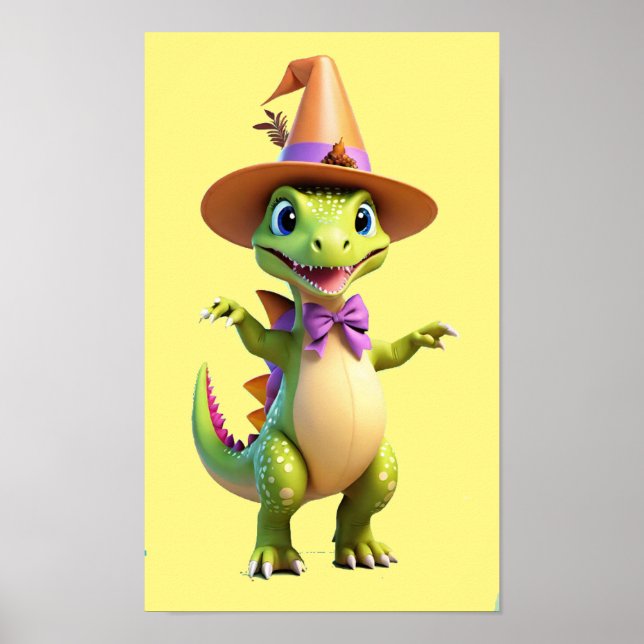 Cute green magician dinosaur poster (Front)