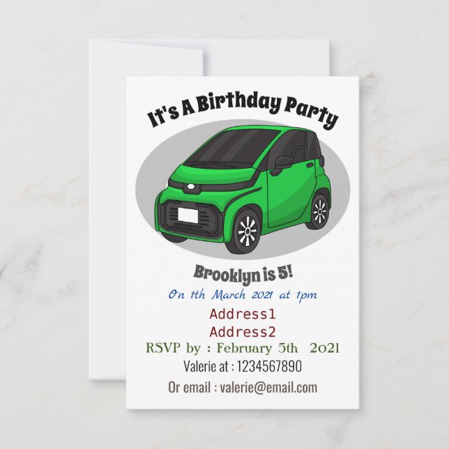 Cute green micro sized car invitation (Front)