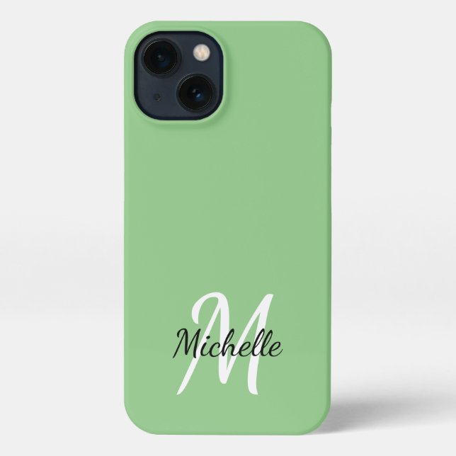Cute Green Monogram Name + Initial iPhone Case (Back)