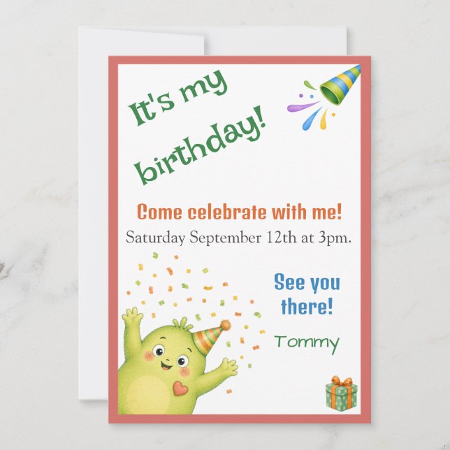Cute Green Monster Birthday Invitation (Front)
