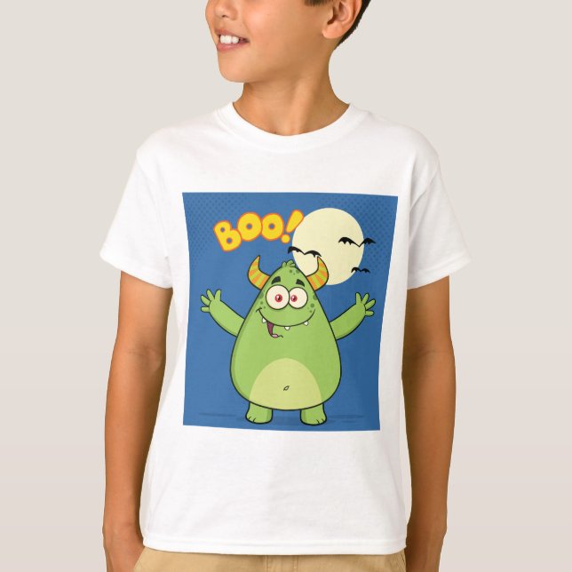 Cute Green Monster Halloween Boo T-Shirt (Front)