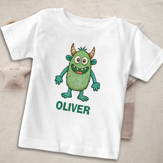 Cute Green Monster Personalised Baby T-Shirt (Creator Uploaded)