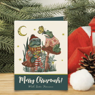 Cute Green Mushroom Frog and Toad Merry Christmas  Holiday Card