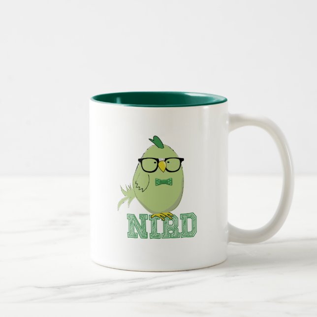 Cute Green Nerd Bird with Glasses  Two-Tone Coffee Mug (Right)
