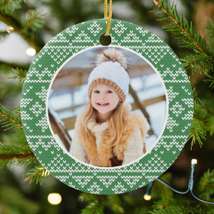 Cute Green Nordic Snowflake Sweater Pattern Photo Ceramic Tree Decoration