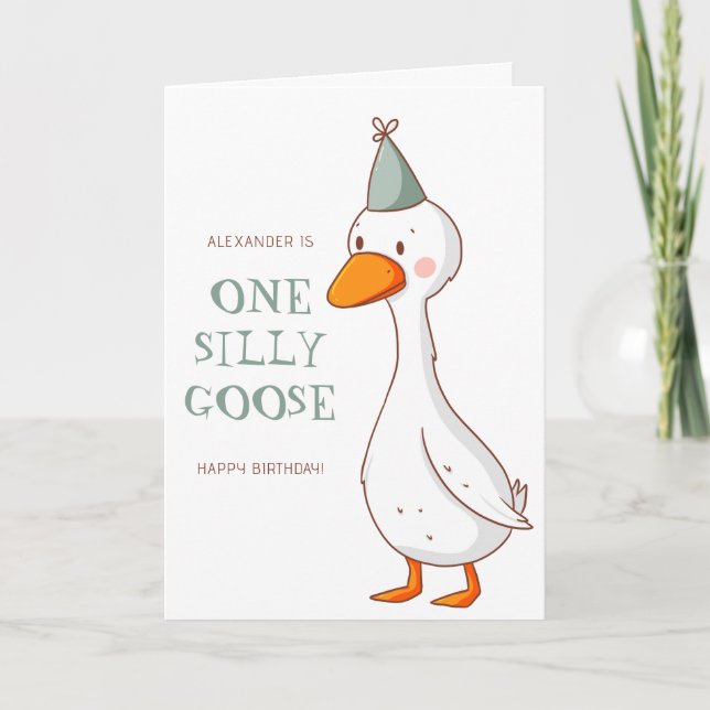 Cute Green One Silly Goose First Birthday Card (Front)