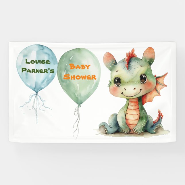 Cute Green Orange Dragon Boy Baby Shower Banner (Horizontal)