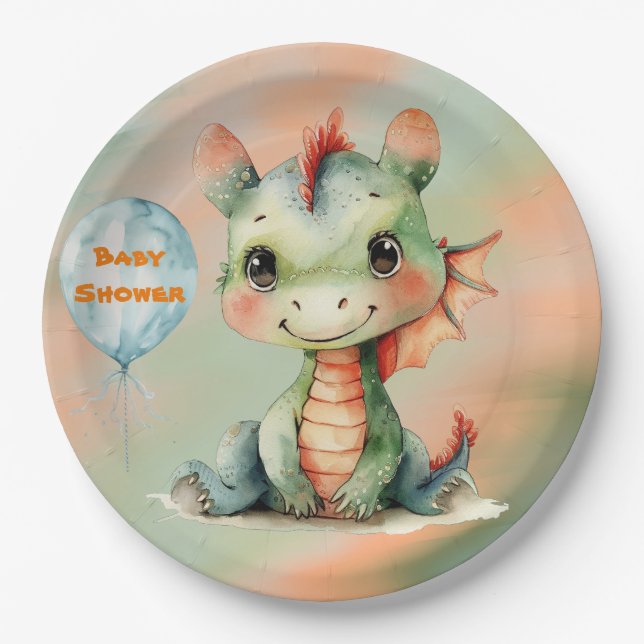 Cute Green Orange Dragon Boy Baby Shower Paper Plate (Front)