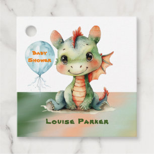 Cute Green Orange Dragon Boy Baby Shower Thank You Favour Tags