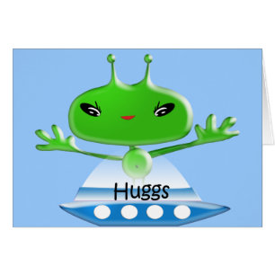 Cute Green Outer Space Alien Hugs with Spaceship