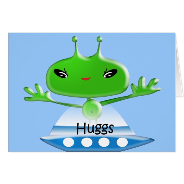 Cute Green Outer Space Alien Hugs with Spaceship (Front Horizontal)