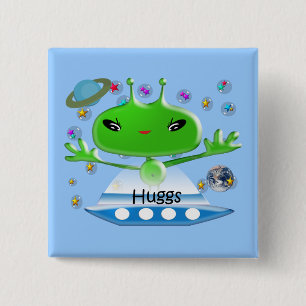 Cute Green Outer Space Aliens with Space Ship 15 Cm Square Badge