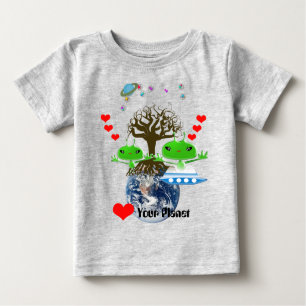Cute Green Outer Space Aliens with Space Ship Baby T-Shirt